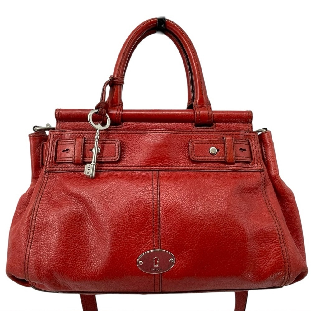 Fossil Maddox Red Leather Stylish Career Casual Bar Satchel Crossbody Handbag